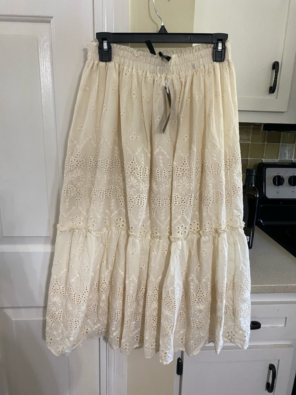 Tiered Cream Eyelet Midi Skirt with Elastic Waist